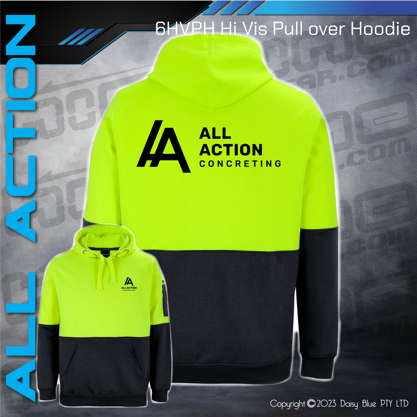 Lime/Black Hi Vis Contrast Pull Over Hoodie - All Action Concrete